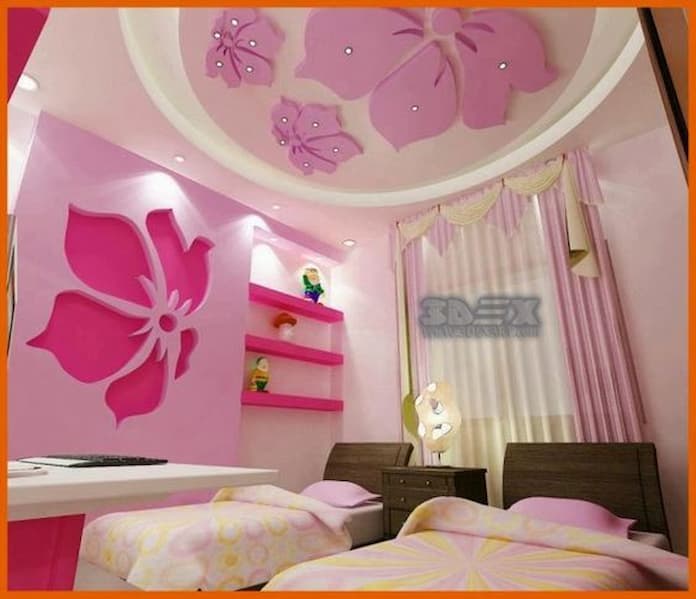  Ảnh 8: Trần thạch cao phòng ngủ bé họa tiết hình bươm bướm cũng đặc biệt nổi bật cho phòng ngủ bé gái