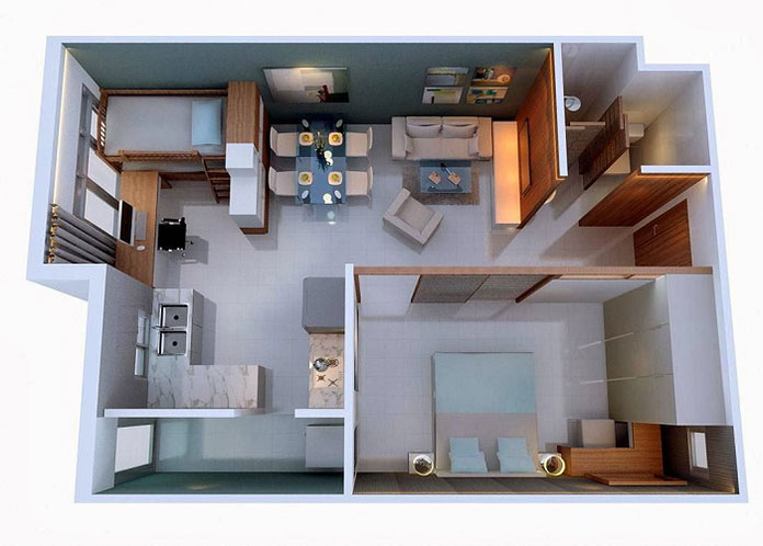 
Bản vẽ chi tiết mẫu thiết kế căn hộ 50m2 2 phòng ngủ
