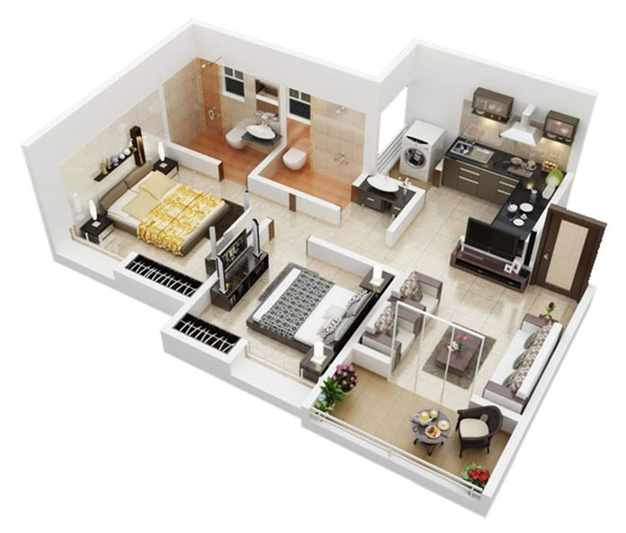 
Bản vẽ mẫu căn hộ 65m2 2 phòng ngủ với bố trí phòng ngủ đối diện nhau
