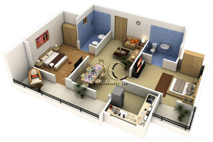 
Bản vẽ chi tiết mẫu thiết kế căn hộ 70m2 2 phòng ngủ
