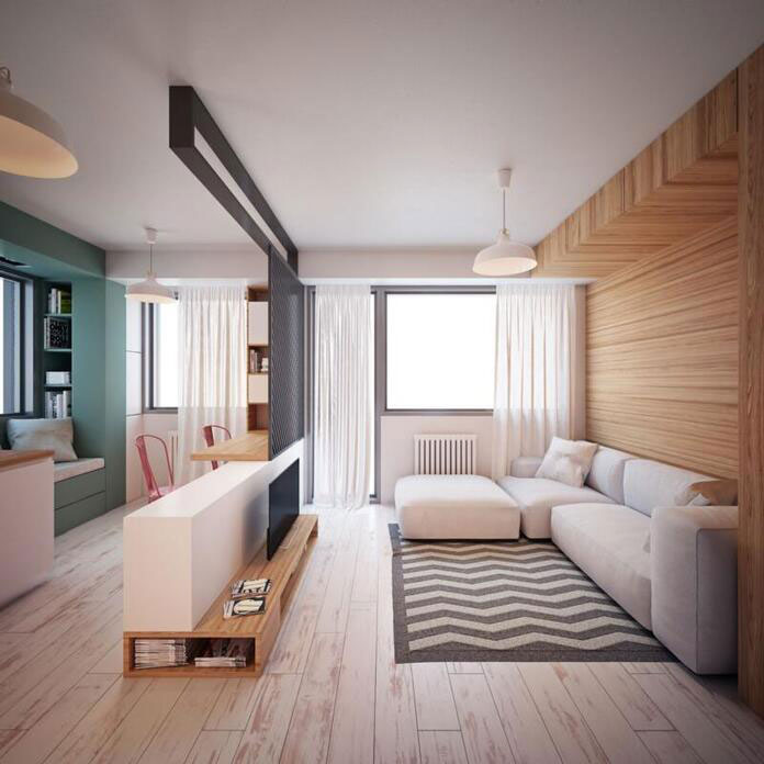 
Thiết kế căn hộ 30m2 2 phòng ngủ với không gian bếp và phòng khách chung
