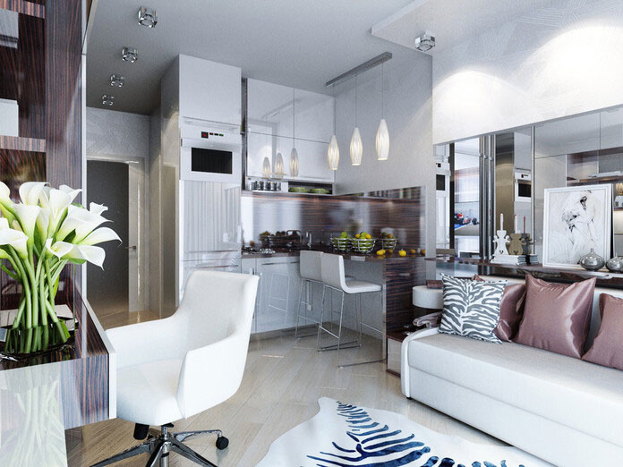 
Thiết kế căn hộ 46m2 2 phòng ngủ hiện đại với bếp và phòng khách chung một không gian
