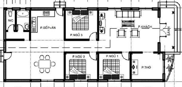 
Bản vẽ mẫu nhà cấp 4 mái thái với 3 phòng ngủ
