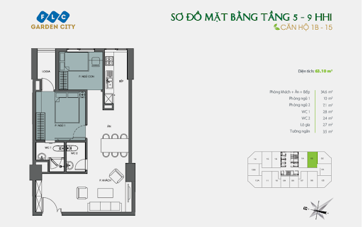 
Căn 1B: 2 phòng ngủ và 2 vệ sinh, diện tích 63.10m2
