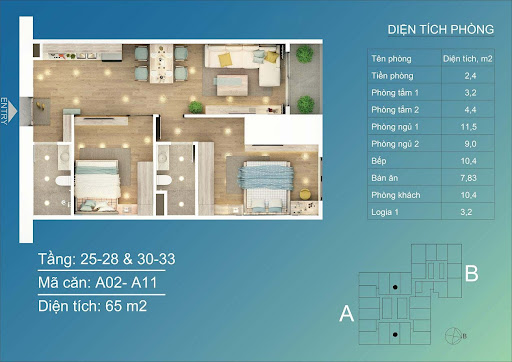 
Căn 2 PN, diện tích 65m2
