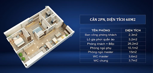 
Căn 2 PN, diện tích 68m2
