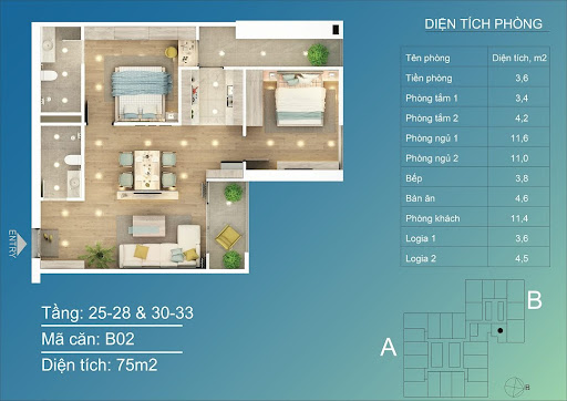 
Căn 2 PN, diện tích 75m2
