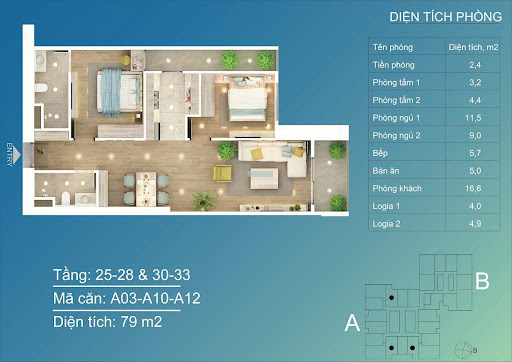 
Căn 2 PN, diện tích 79m2
