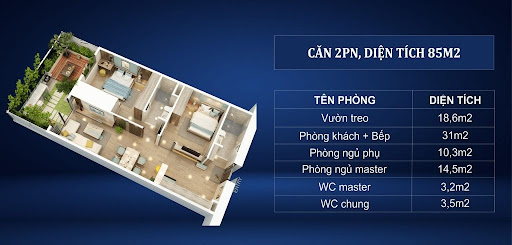 
Căn 2 PN, diện tích 85m2
