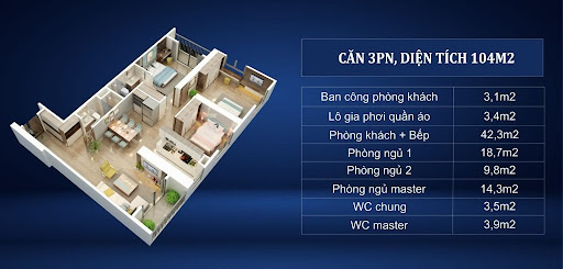 
Căn 3 PN, diện tích 104m2
