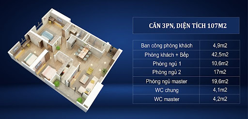 
Căn 3 PN, diện tích 107m2
