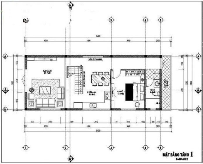 Tầng 1 của nhà 500 đẹp với 1 phòng khách, 1 phòng bếp, 1 nhà vệ sinh