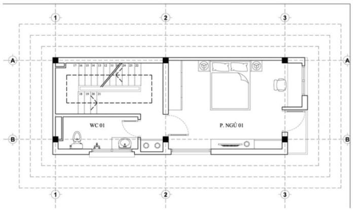 Mặt bằng tầng gác lửng gồm: 1 phòng ngủ rộng rãi và 1 nhà vệ sinh