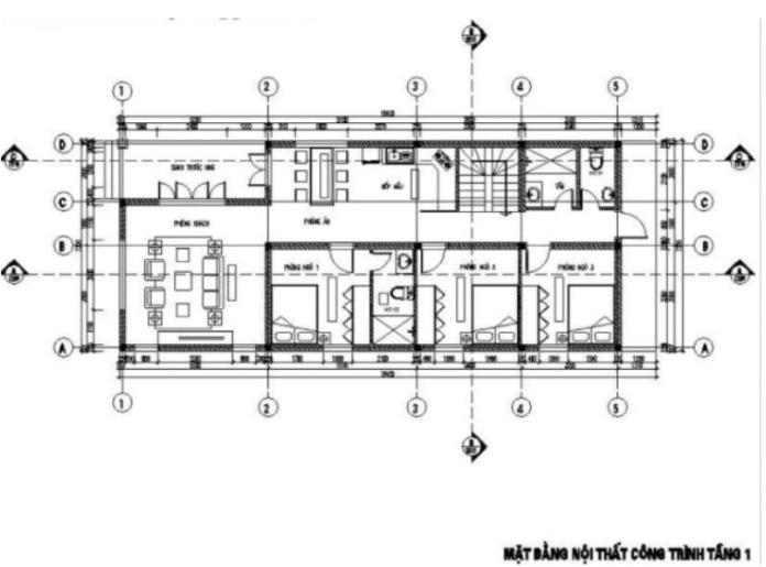 Mặt bằng tầng 1 gồm: Phòng khách, phòng ăn, bếp nấu, 3 phòng ngủ, nhà vệ sinh, khu vực cầu thang.