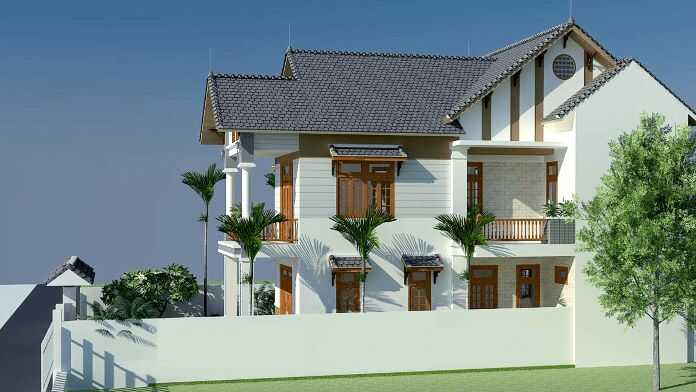 Phối cảnh mặt bên của nhà mái thái 2 tầng 500 triệu