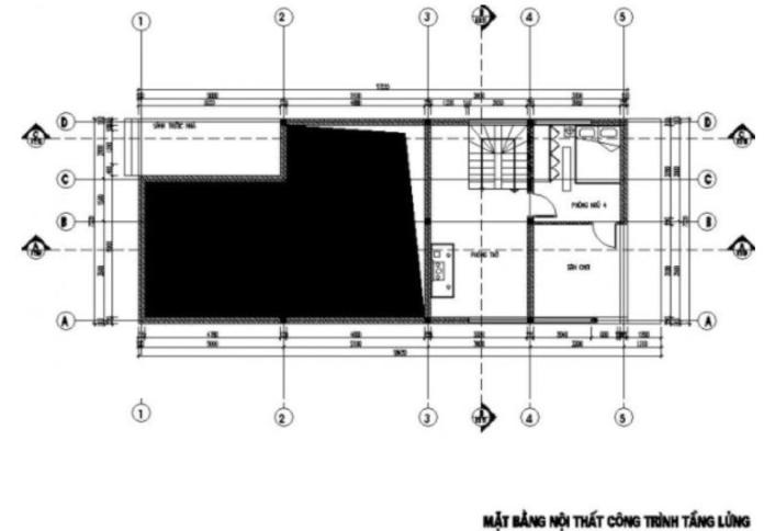 Mặt bằng tầng lửng gồm: Phòng thờ, phòng ngủ, sân phơi