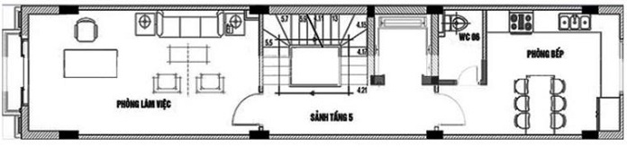 
Mặt bằng tầng 5 gồm: Phòng làm việc, phòng bếp, WC, khu vực thang bộ, thang máy, sảnh

