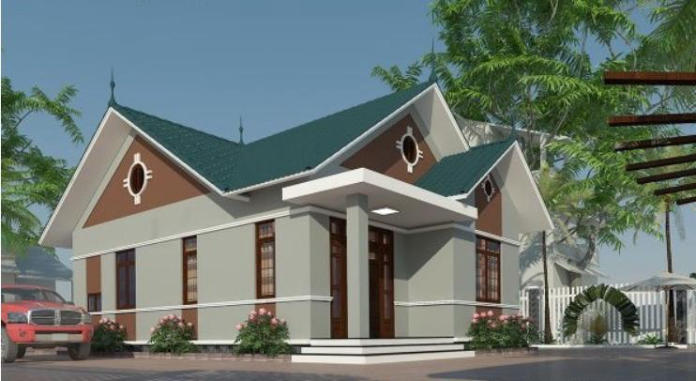 Phối cảnh góc nghiêng của nhà 1 tầng mái thái có gác lửng