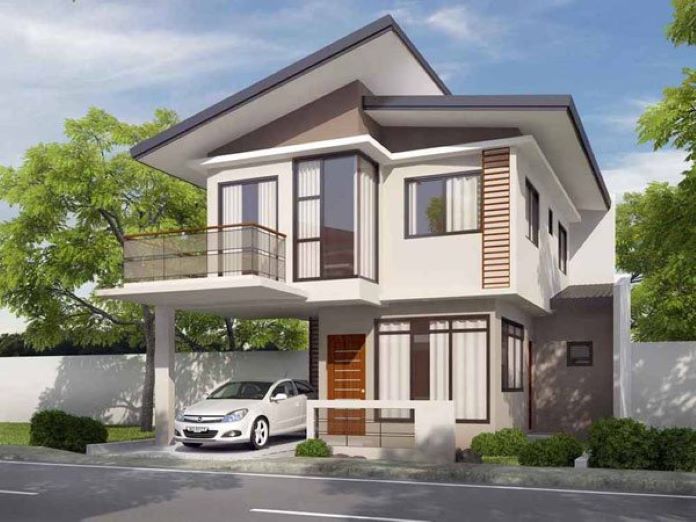 Phối cảnh mặt tiền của mẫu nhà mái lệch 500 triệu có gara ô tô