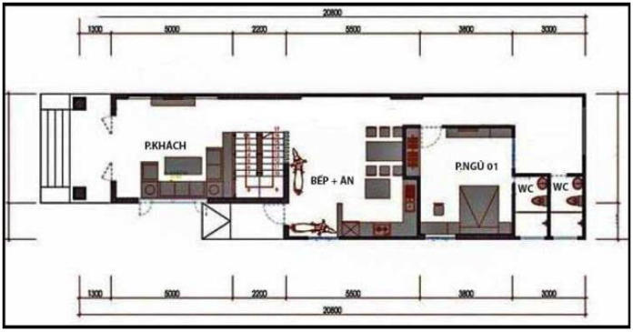 Mặt bằng tầng 1 gồm: Phòng khách, bếp, bàn ăn, phòng ngủ khép kín và 1 nhà vệ sinh chung