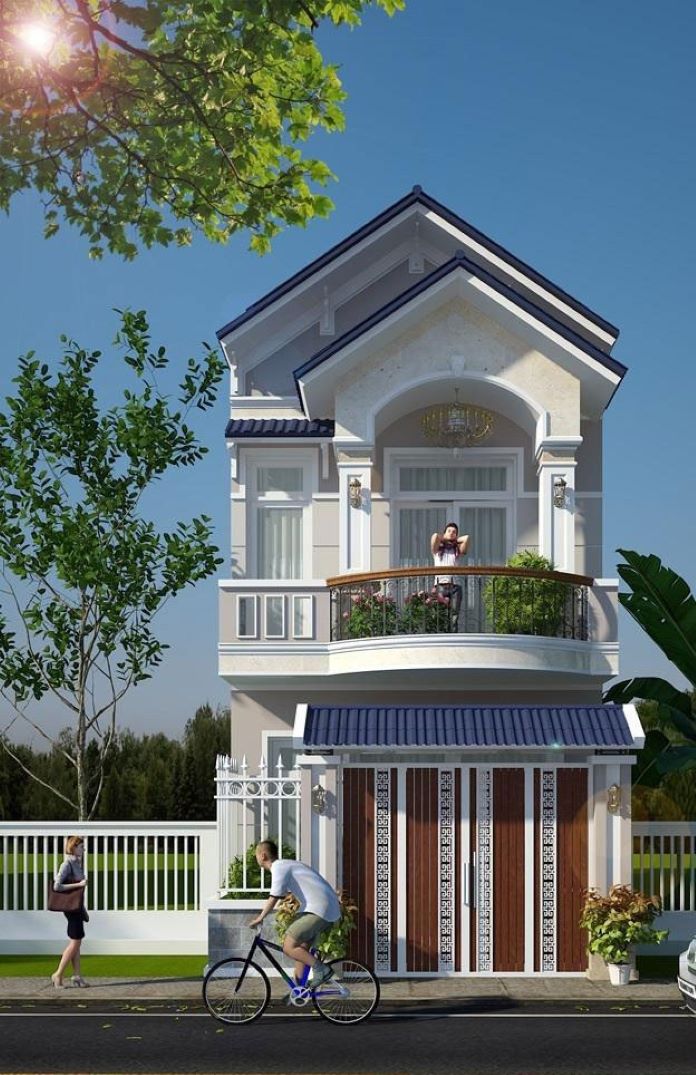 Phối cảnh mặt tiền nhà ở tân cổ điển với ban công hình vòm bán nguyệt