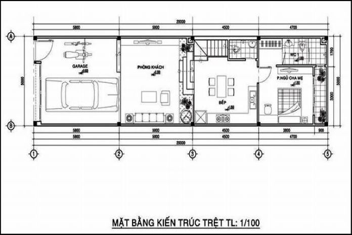 Bản vẽ tầng 1 với gara ô tô rộng rãi, phòng khách, phòng ăn, phòng ngủ master và nhà vệ sinh