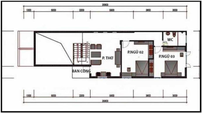 Mặt bằng tầng lửng gồm: Phòng thờ, 2 phòng ngủ, 1 nhà vệ sinh chung, ban công ngay cạnh phòng thờ