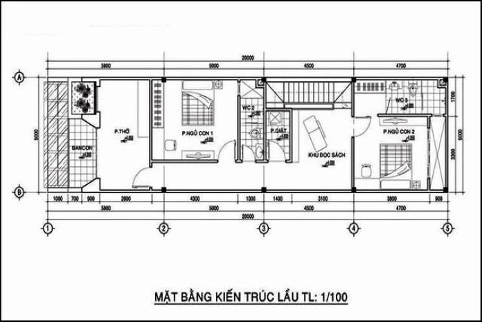 Bản vẽ tầng 2 gồm có 2 phòng ngủ, 1 phòng thờ và 1 khu đọc sách