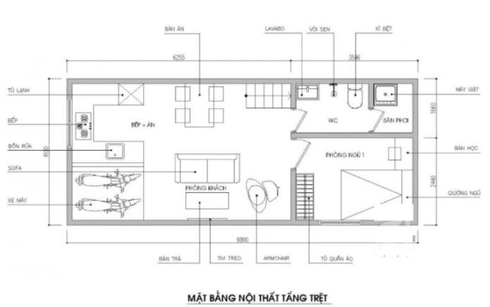 Mặt bằng tầng trệt gồm: Gara để xe, phòng khách, phòng bếp, bàn ăn, 1 phòng ngủ, 1 nhà vệ sinh, 1 khu giặt phơi, khu vực cầu thang.