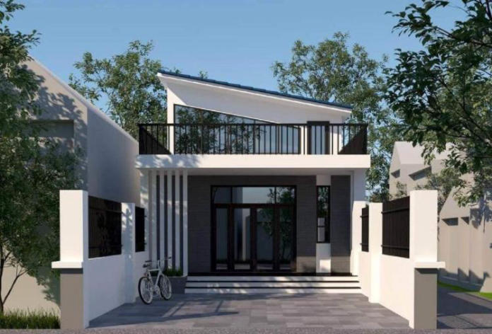 Thiết kế nhà 1 tầng gác lửng kiến trúc mái chéo đẹp mắt