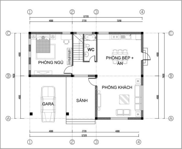 Tầng 1 gồm có gara ô tô cạnh bên sảnh chính, phòng khách, phòng bếp, phòng ngủ, nhà vệ sinh chung