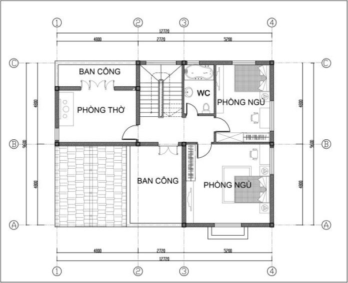 Tầng 2 gồm có: 2 phòng ngủ, 1 phòng thờ, 1 nhà vệ sinh chung và ban công lớn