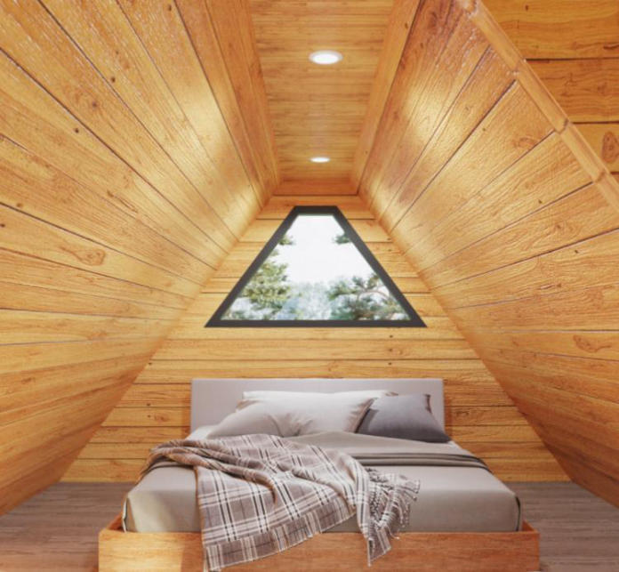 
Giường ngủ được bố trí riêng tư ở tầng trên sát mái nhà.
