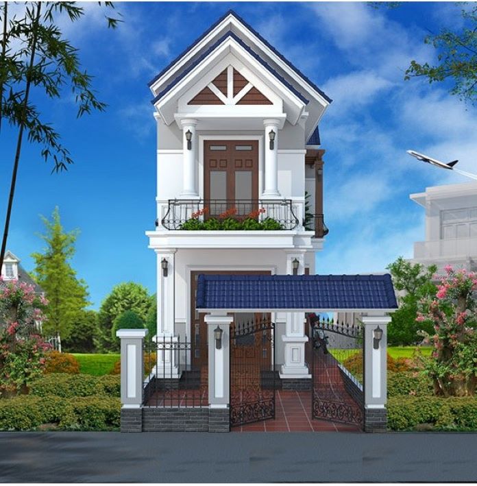 Phối cảnh nhà ở đậm chất tân cổ điển với cổng rào sắt đen và lan can hình vòm
