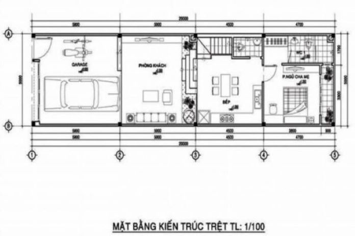 Tầng 1 gồm có gara, phòng khách, phòng bếp, phòng ngủ master