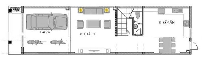 
Mặt bằng tầng 1 gồm: Gara xe, phòng khách, cầu thang ở giữa, phòng bếp ăn ở cuối. Khoảng trống dưới cầu thang được tận dụng làm WC.
