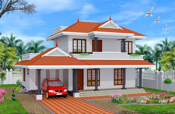 Mái ngói đỏ nổi bật trên nền tường trắng xóa của mẫu nhà 500 triệu có gara ô tô