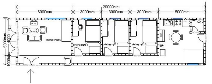 Bản vẽ nhà tầng 1 hiện đại với 1 phòng khách, 3 phòng ngủ, 1 phòng bếp, 1 WC