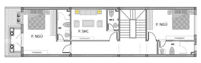 
Mặt bằng tầng 2+3: 2 tầng này có cùng thiết kế gồm 2 phòng ngủ có nhà vệ sinh bên trong, ở giữa là 1 phòng sinh hoạt chung và khu vực cầu thang.
