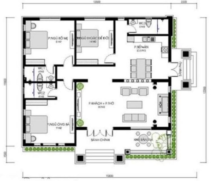 
Mặt bằng thiết kế nội thất mẫu nhà cấp 4 mái Thái tân cổ điển
