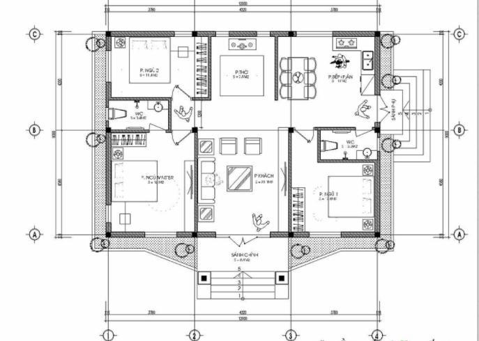 
Bản vẽ thiết kế nhà cấp 4 mái thái 3 phòng ngủ 1 phòng thờ
