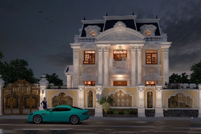 
Phối cảnh nhà kiểu Pháp 2 tầng 1 tum vào ban đêm
