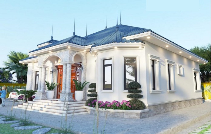 
Phối cảnh tổng thể mặt tiền mẫu nhà cấp 4 tân cổ điển 3 phòng ngủ
