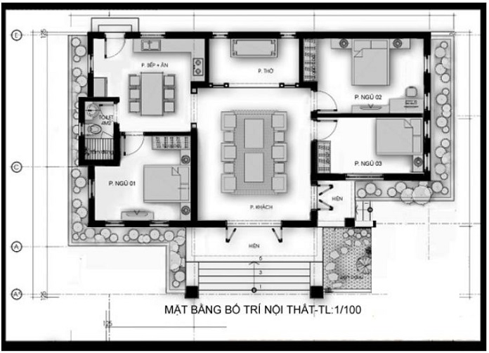 
Thiết kế mặt bằng bố trí nội thất nhà cấp 4 tân cổ điển 3 phòng ngủ.
