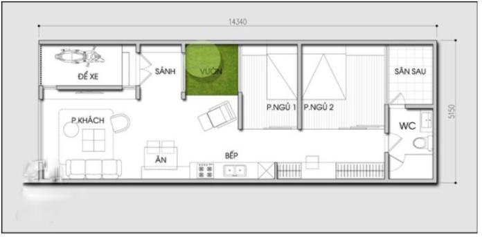 Mặt bằng tầng 1 gồm: Phòng khách, gara để xe, vườn, bếp, bàn ăn, 2 phòng ngủ, nhà vệ sinh, sân sau.