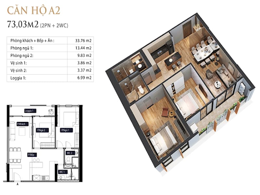 
Loại A2: tường giữa; 80,12 mét vuông, thông thủy; 73,03 mét vuông
