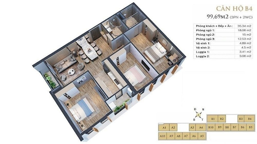 
Loại căn hộ B4: diện tích tim tường; 109,1 mét vuông, thông thuỷ; 99,09 mét vuông
