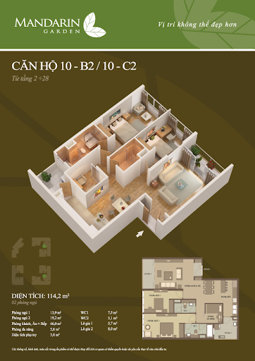 
Mặt bằng căn hộ 2 phòng ngủ của Mandarin Garden
