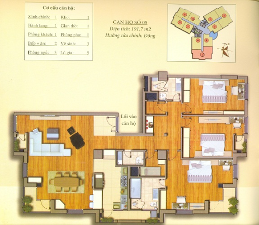 
Mặt bằng thiết kế căn 3 phòng ngủ rộng 191,7m2
