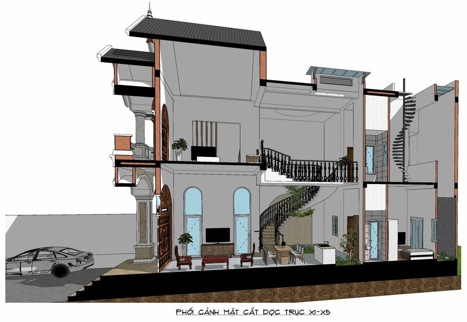 
Mẫu cắt nhà ống 2 tầng mái Thái
